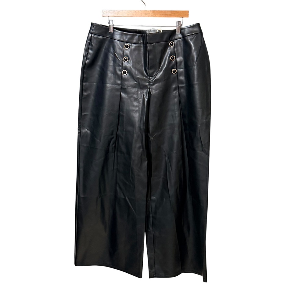 Midnight Velvet Womens Black Faux Leather Wide Leg Sailor Button Pants Size 16